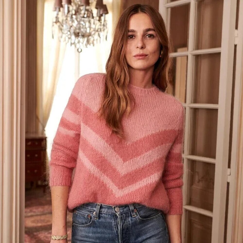 Sezane Pink Chevron Mohair Blend Crewneck Sweater